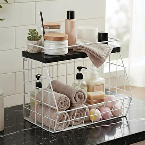 Ahşap Mermer Raflı Banyo Organizeri - Duvara Monte Edilebilir Ve Tezgah Üstünde Kullanılabilir, Beyaz, 31x23 Cm