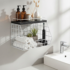 Ahşap Mermer Raflı Banyo Organizeri - Duvara Monte Edilebilir Ve Tezgah Üstünde Kullanılabilir, Beyaz, 31x23 Cm