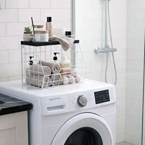 Ahşap Mermer Raflı Banyo Organizeri - Duvara Monte Edilebilir Ve Tezgah Üstünde Kullanılabilir, Beyaz, 31x23 Cm