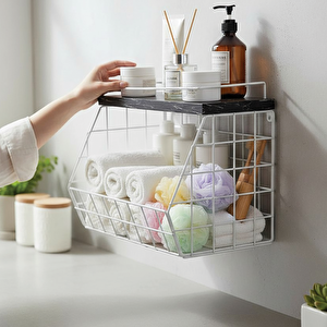 Ahşap Mermer Raflı Banyo Organizeri - Duvara Monte Edilebilir Ve Tezgah Üstünde Kullanılabilir, Beyaz, 31x23 Cm