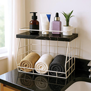 Ahşap Mermer Raflı Banyo Organizeri - Duvara Monte Edilebilir Ve Tezgah Üstünde Kullanılabilir, Beyaz, 31x23 Cm