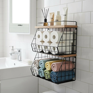 2 Raflı Ahşap Bambu Raflı Banyo Organizeri - Duvara Monte Edilebilir Ve Tezgah Üstünde Kullanılabilir, Siyah, 31x23 Cm