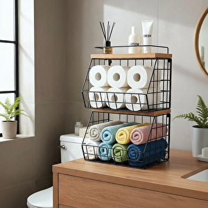 2 Raflı Ahşap Bambu Raflı Banyo Organizeri - Duvara Monte Edilebilir Ve Tezgah Üstünde Kullanılabilir, Siyah, 31x23 Cm