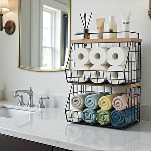 2 Raflı Ahşap Bambu Raflı Banyo Organizeri - Duvara Monte Edilebilir Ve Tezgah Üstünde Kullanılabilir, Siyah, 31x23 Cm