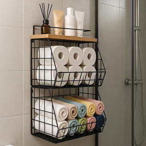 2 Raflı Ahşap Bambu Raflı Banyo Organizeri - Duvara Monte Edilebilir Ve Tezgah Üstünde Kullanılabilir, Siyah, 31x23 Cm