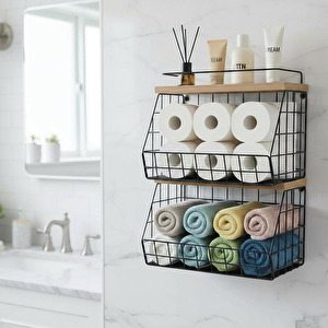 2 Raflı Ahşap Bambu Raflı Banyo Organizeri - Duvara Monte Edilebilir Ve Tezgah Üstünde Kullanılabilir, Siyah, 31x23 Cm