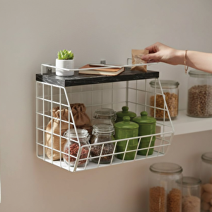 Ahşap Mermer Raflı Meyve Sepeti - Duvara Monte Edilebilir Ve Tezgah Üstünde Kullanılabilir, Beyaz, 31x23 Cm