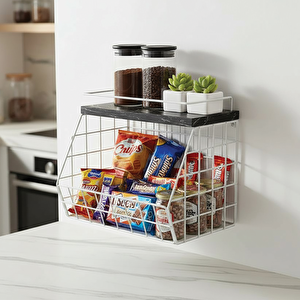 Ahşap Mermer Raflı Meyve Sepeti - Duvara Monte Edilebilir Ve Tezgah Üstünde Kullanılabilir, Beyaz, 31x23 Cm