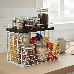 Ahşap Mermer Raflı Meyve Sepeti - Duvara Monte Edilebilir Ve Tezgah Üstünde Kullanılabilir, Beyaz, 31x23 Cm