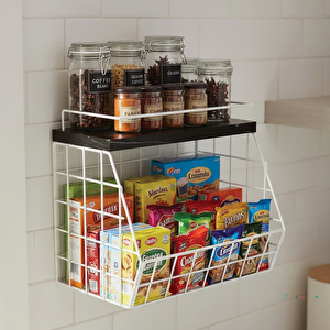 Ahşap Mermer Raflı Meyve Sepeti - Duvara Monte Edilebilir Ve Tezgah Üstünde Kullanılabilir, Beyaz, 31x23 Cm