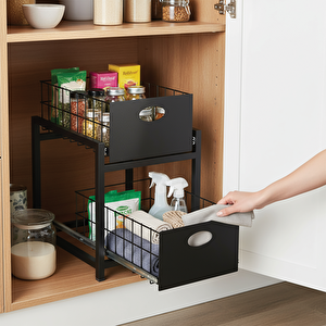 Siyah 2 Çekmeceli Organizer Sepet – 25x42 Cm, Raylı Sistem, Çok Amaçlı Kullanım