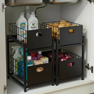 Siyah 2 Çekmeceli Organizer Sepet – 25x42 Cm, Raylı Sistem, Çok Amaçlı Kullanım