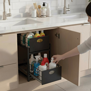 Siyah 2 Çekmeceli Organizer Sepet – 25x42 Cm, Raylı Sistem, Çok Amaçlı Kullanım