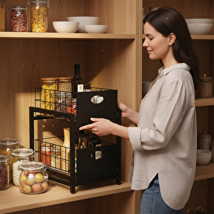 Siyah 2 Çekmeceli Organizer Sepet – 25x42 Cm, Raylı Sistem, Çok Amaçlı Kullanım