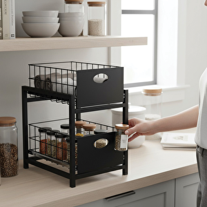 Siyah 2 Çekmeceli Organizer Sepet – 25x42 Cm, Raylı Sistem, Çok Amaçlı Kullanım