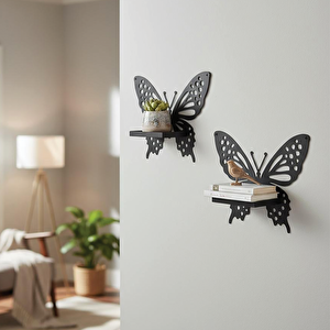 2'li Kelebek Temalı Duvar Rafı Mumluk Model 1 Siyah