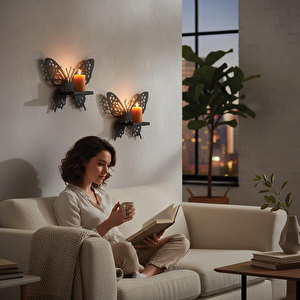 2'li Kelebek Temalı Duvar Rafı Mumluk Model 1 Siyah