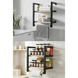 Banyo Ve Mutfak İçin 2 Raflı Askılı Doğal Ahşap Siyah Metal Havluluk Duvar Rafı