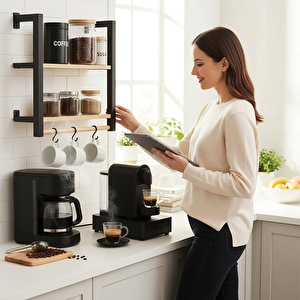 Banyo Ve Mutfak İçin 2 Raflı Askılı Doğal Ahşap Siyah Metal Havluluk Duvar Rafı