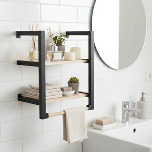 Banyo Ve Mutfak İçin 2 Raflı Askılı Doğal Ahşap Siyah Metal Havluluk Duvar Rafı