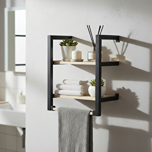 Banyo Ve Mutfak İçin 2 Raflı Askılı Doğal Ahşap Siyah Metal Havluluk Duvar Rafı