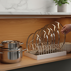 24/40 Tabaklık Rafı Tabak Kurutmalık Tencere Kapak Düzenleyici Organizer Standı Beyaz