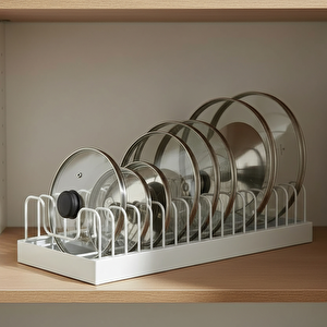 24/40 Tabaklık Rafı Tabak Kurutmalık Tencere Kapak Düzenleyici Organizer Standı Beyaz