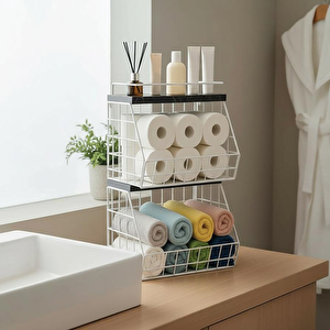 2 Raflı Ahşap Mermer Raflı Banyo Organizeri - Duvara Monte Edilebilir Ve Tezgah Üstünde Kullanılabilir, Beyaz, 31x23 Cm