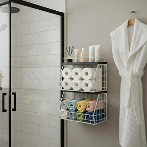 2 Raflı Ahşap Mermer Raflı Banyo Organizeri - Duvara Monte Edilebilir Ve Tezgah Üstünde Kullanılabilir, Beyaz, 31x23 Cm