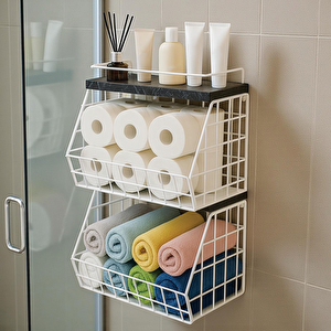 2 Raflı Ahşap Mermer Raflı Banyo Organizeri - Duvara Monte Edilebilir Ve Tezgah Üstünde Kullanılabilir, Beyaz, 31x23 Cm