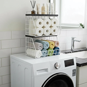 2 Raflı Ahşap Mermer Raflı Banyo Organizeri - Duvara Monte Edilebilir Ve Tezgah Üstünde Kullanılabilir, Beyaz, 31x23 Cm