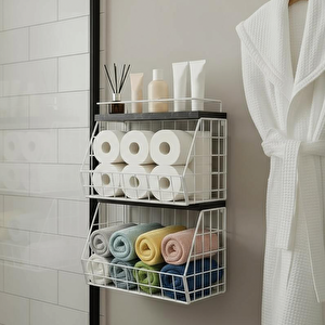 2 Raflı Ahşap Mermer Raflı Banyo Organizeri - Duvara Monte Edilebilir Ve Tezgah Üstünde Kullanılabilir, Beyaz, 31x23 Cm