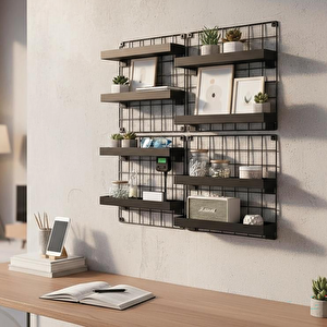 4'lü 33x33 Dekoratif Hasır Tel Duvar Paneli 8 Raflı Siyah