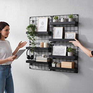 4'lü 33x33 Dekoratif Hasır Tel Duvar Paneli 8 Raflı Siyah