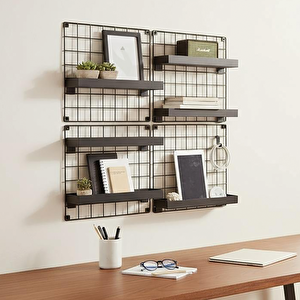 4'lü 33x33 Dekoratif Hasır Tel Duvar Paneli 8 Raflı Siyah