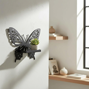 Kelebek Temalı Duvar Rafı Mumluk Model 1 Siyah