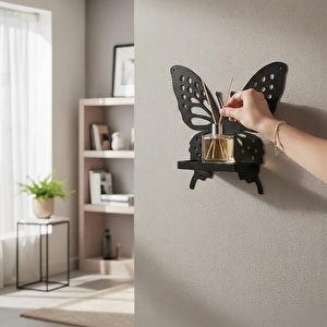 Kelebek Temalı Duvar Rafı Mumluk Model 1 Siyah