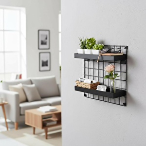 Tekli 33x33 Dekoratif Hasır Tel Duvar Paneli 2 Raflı Siyah