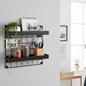 Tekli 33x33 Dekoratif Hasır Tel Duvar Paneli 2 Raflı Siyah