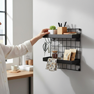 Tekli 33x33 Dekoratif Hasır Tel Duvar Paneli 2 Raflı Siyah