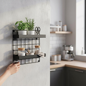 Tekli 33x33 Dekoratif Hasır Tel Duvar Paneli 2 Raflı Siyah