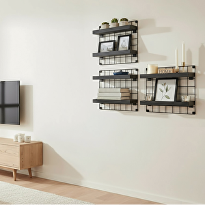 3'lü 33x33 Dekoratif Hasır Tel Duvar Paneli 6 Raflı Siyah