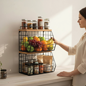 2 Raflı Ahşap Bambu Meyve Sepeti - Duvara Monte Edilebilir Ve Tezgah Üstünde Kullanılabilir, Siyah, 31x23 Cm