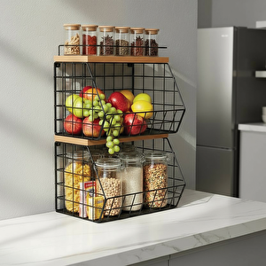 2 Raflı Ahşap Bambu Meyve Sepeti - Duvara Monte Edilebilir Ve Tezgah Üstünde Kullanılabilir, Siyah, 31x23 Cm