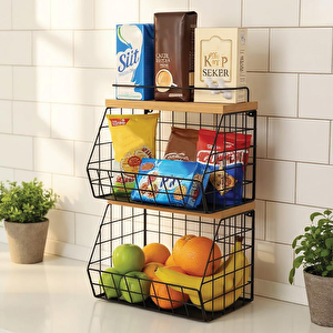 2 Raflı Ahşap Bambu Meyve Sepeti - Duvara Monte Edilebilir Ve Tezgah Üstünde Kullanılabilir, Siyah, 31x23 Cm