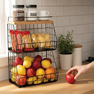 2 Raflı Ahşap Bambu Meyve Sepeti - Duvara Monte Edilebilir Ve Tezgah Üstünde Kullanılabilir, Siyah, 31x23 Cm