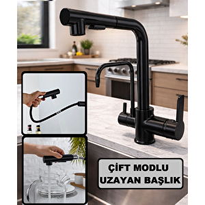 Si̇yah Aritmali Spi̇ralli̇ 2 Modlu Başlik L Boru Mutfak Evye Bataryasi Pri̇nç Armatür Musluk