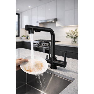 Si̇yah Aritmali Spi̇ralli̇ 2 Modlu Başlik L Boru Mutfak Evye Bataryasi Pri̇nç Armatür Musluk