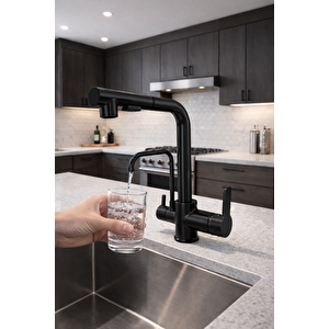 Si̇yah Aritmali Spi̇ralli̇ 2 Modlu Başlik L Boru Mutfak Evye Bataryasi Pri̇nç Armatür Musluk