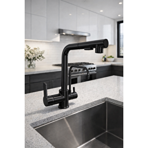 Si̇yah Aritmali Spi̇ralli̇ 2 Modlu Başlik L Boru Mutfak Evye Bataryasi Pri̇nç Armatür Musluk